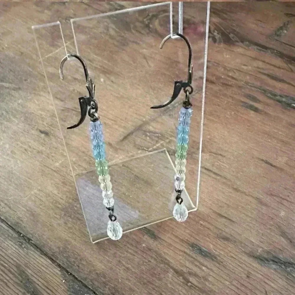 Blue, Green, White Long Drop Crystal Earrnings - Picture 3 of 5